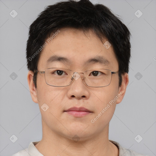 Neutral asian young-adult male with short  brown hair and brown eyes