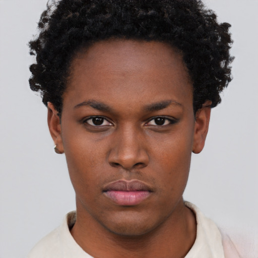 Neutral black young-adult female with short  brown hair and brown eyes