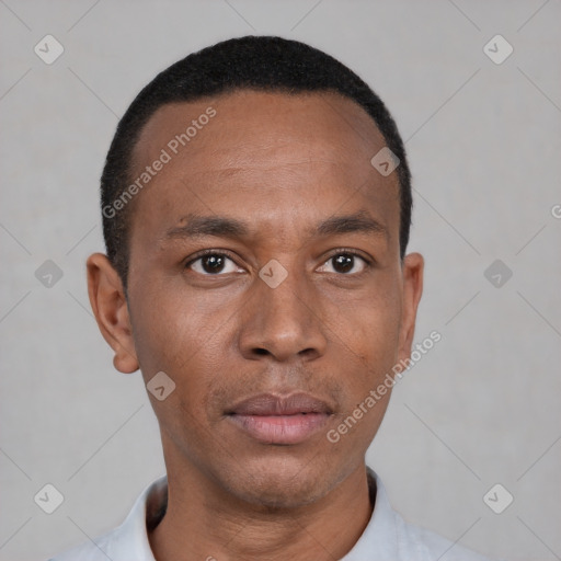 Neutral black young-adult male with short  black hair and brown eyes