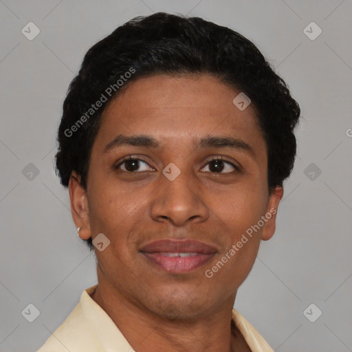 Joyful latino young-adult female with short  brown hair and brown eyes