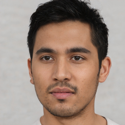 Neutral asian young-adult male with short  black hair and brown eyes