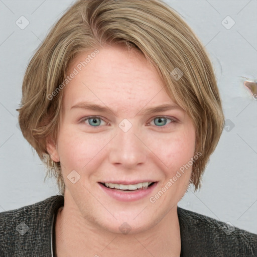 Joyful white young-adult female with medium  brown hair and blue eyes