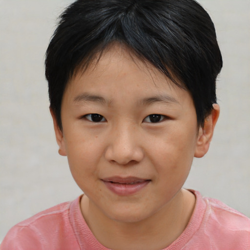 Joyful asian child female with short  brown hair and brown eyes