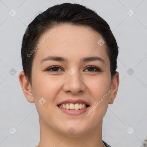 Joyful white young-adult female with short  brown hair and brown eyes