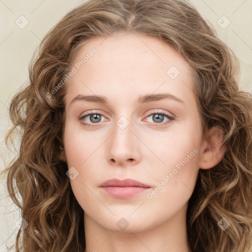 Neutral white young-adult female with long  brown hair and blue eyes