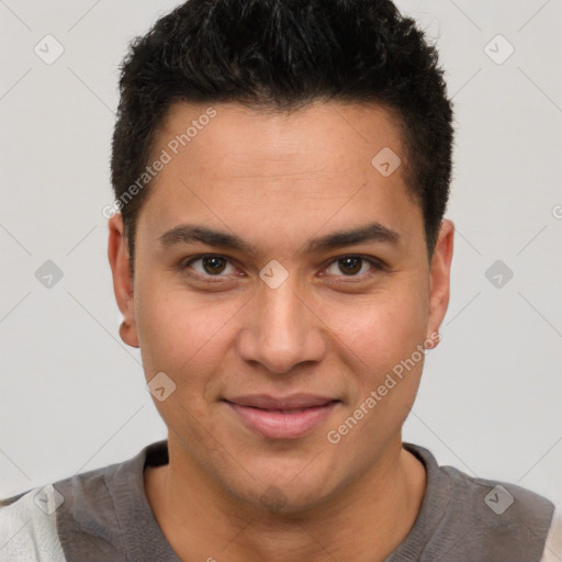 Joyful latino young-adult male with short  brown hair and brown eyes