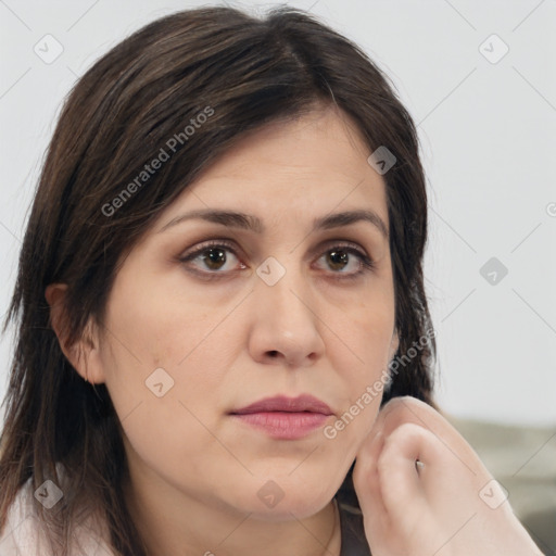 Neutral white young-adult female with medium  brown hair and brown eyes