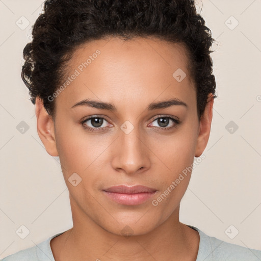 Neutral white young-adult female with short  brown hair and brown eyes