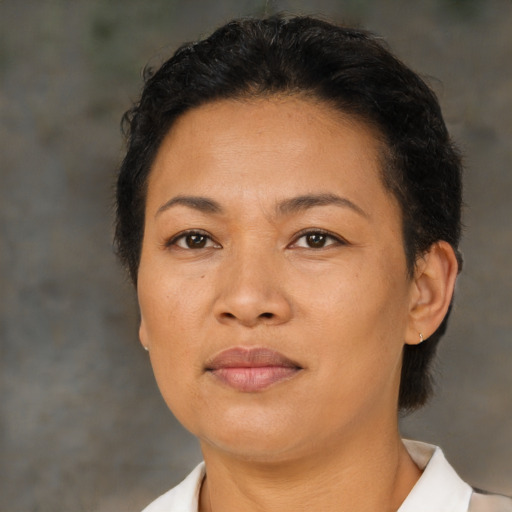 Neutral latino adult female with short  black hair and brown eyes