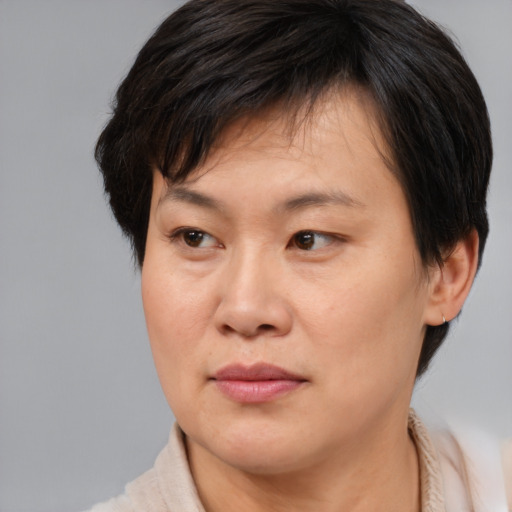 Neutral asian adult female with medium  brown hair and brown eyes