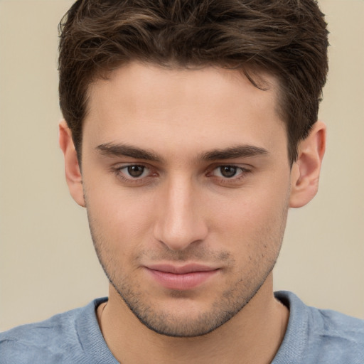 Neutral white young-adult male with short  brown hair and brown eyes