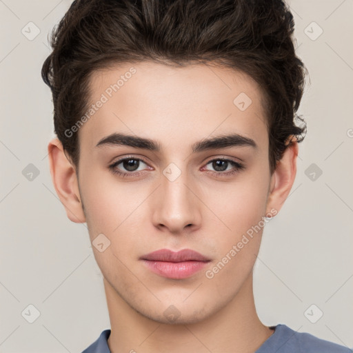 Neutral white young-adult male with short  brown hair and brown eyes