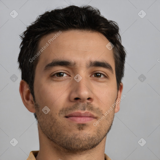 Neutral white young-adult male with short  brown hair and brown eyes