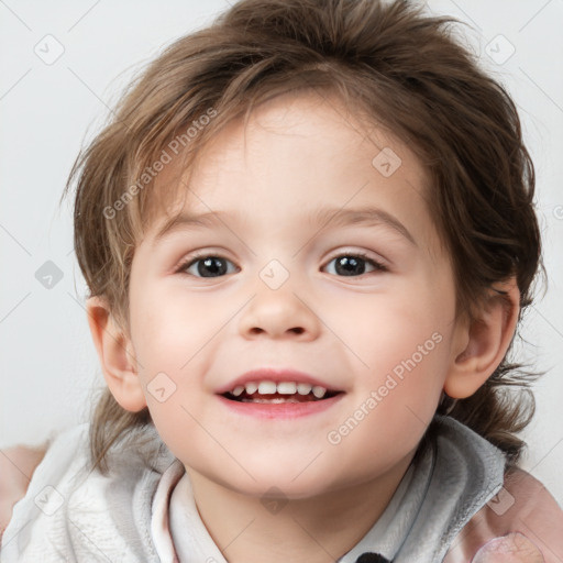 Joyful white child female with medium  brown hair and blue eyes