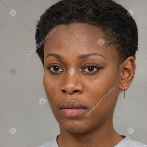 Neutral black young-adult female with short  black hair and brown eyes