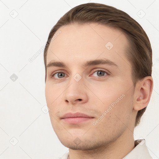 Neutral white young-adult male with short  brown hair and brown eyes