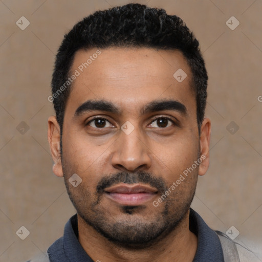 Neutral latino young-adult male with short  black hair and brown eyes