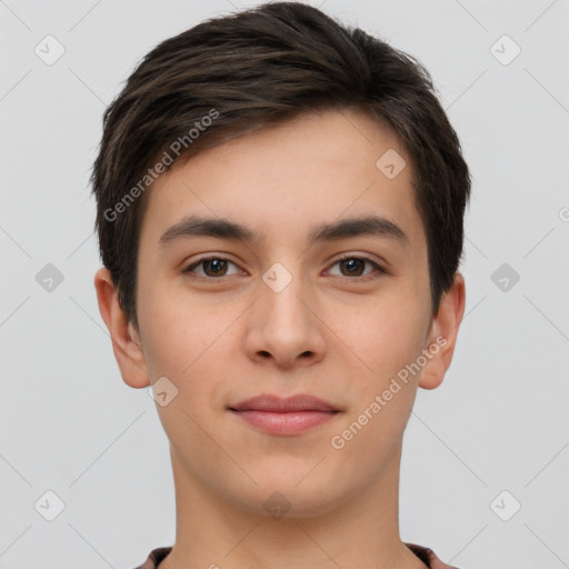 Neutral white young-adult male with short  brown hair and brown eyes