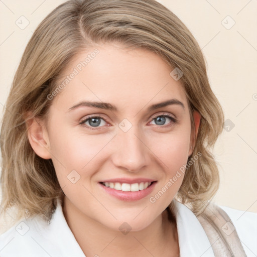 Joyful white young-adult female with medium  brown hair and blue eyes