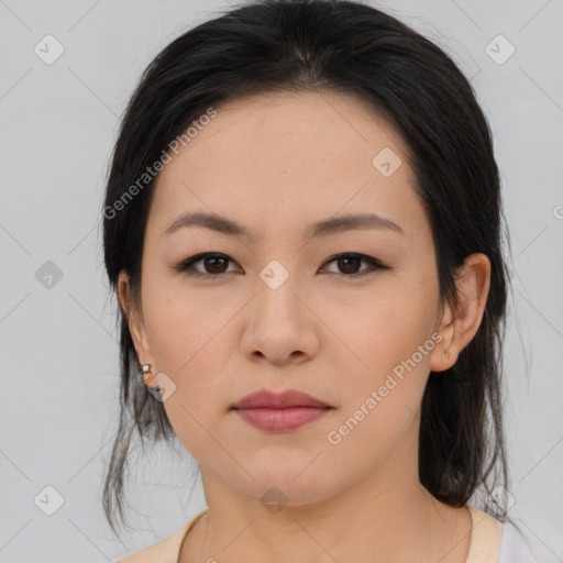 Neutral asian young-adult female with medium  black hair and brown eyes