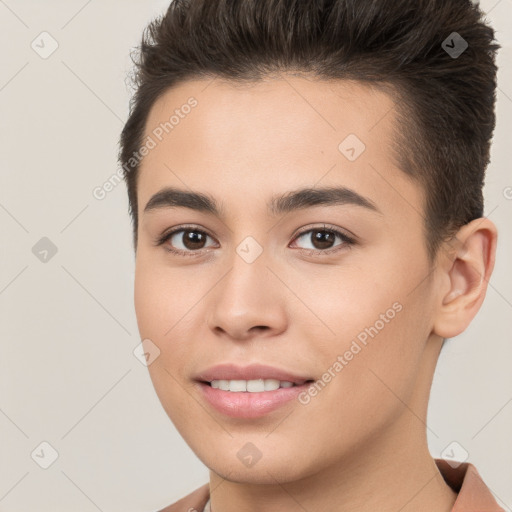 Joyful white young-adult female with short  brown hair and brown eyes