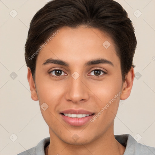 Joyful white young-adult female with short  brown hair and brown eyes