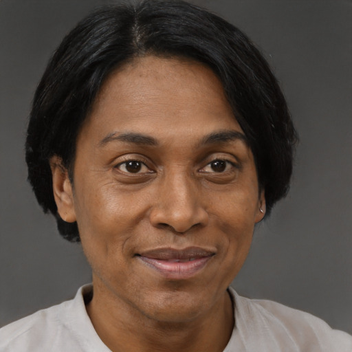 Joyful black adult female with short  black hair and brown eyes