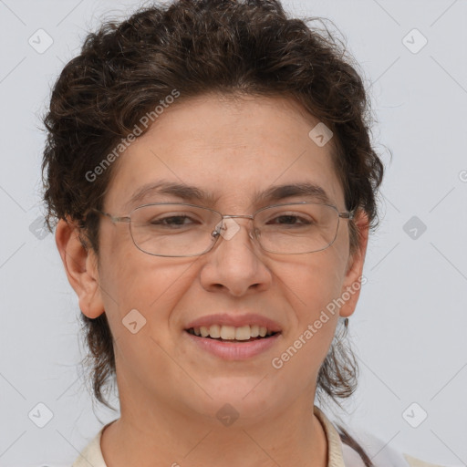 Joyful white adult female with short  brown hair and brown eyes