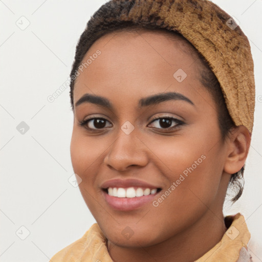 Joyful latino young-adult female with short  brown hair and brown eyes