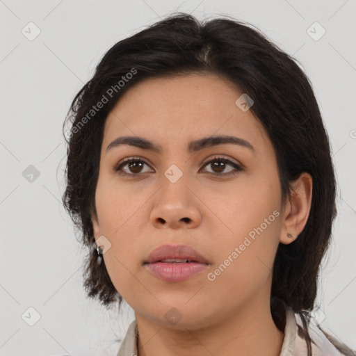 Neutral asian young-adult female with medium  brown hair and brown eyes