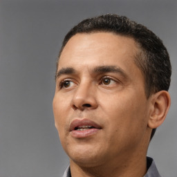 Neutral white adult male with short  black hair and brown eyes