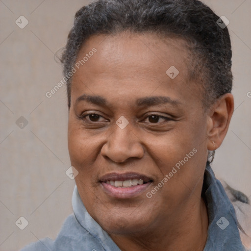 Joyful latino adult female with short  brown hair and brown eyes
