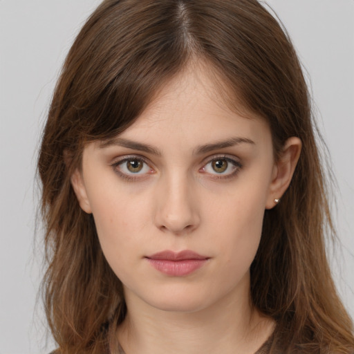 Neutral white young-adult female with long  brown hair and brown eyes