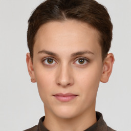 Neutral white young-adult female with short  brown hair and brown eyes