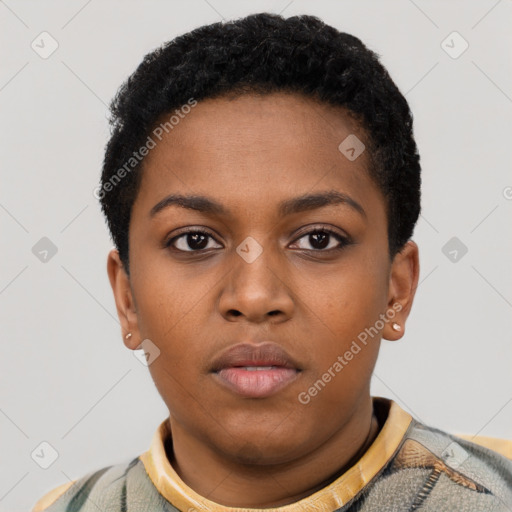 Neutral black young-adult female with short  black hair and brown eyes