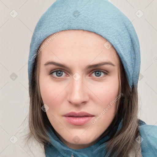 Neutral white young-adult female with medium  brown hair and blue eyes