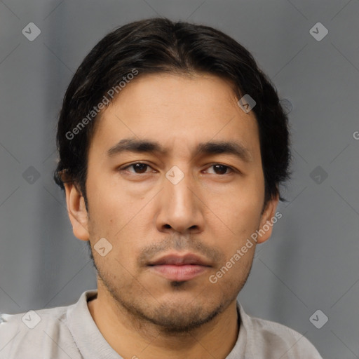 Neutral asian young-adult male with short  black hair and brown eyes