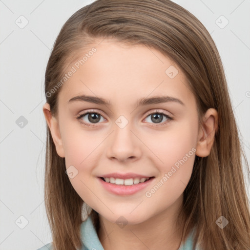 Joyful white child female with long  brown hair and brown eyes