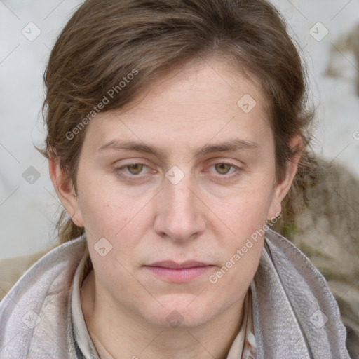 Joyful white adult female with medium  brown hair and blue eyes