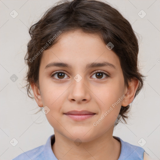 Joyful white child female with medium  brown hair and brown eyes