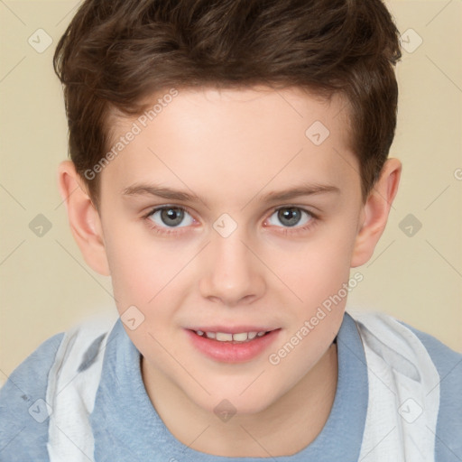 Joyful white child male with short  brown hair and brown eyes