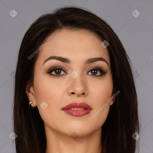 Joyful white young-adult female with long  brown hair and brown eyes