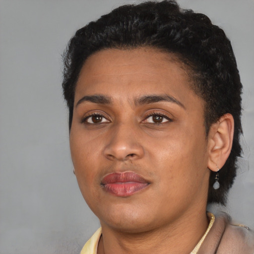 Joyful latino young-adult female with short  black hair and brown eyes