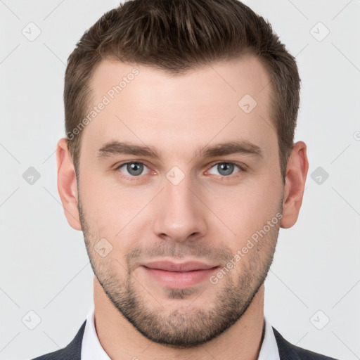 Neutral white young-adult male with short  brown hair and grey eyes