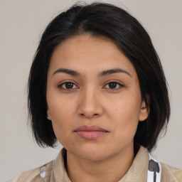 Neutral asian young-adult female with medium  black hair and brown eyes