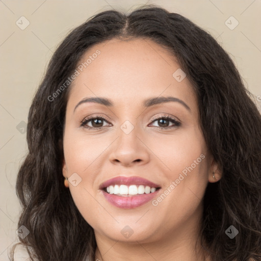 Joyful white young-adult female with long  brown hair and brown eyes