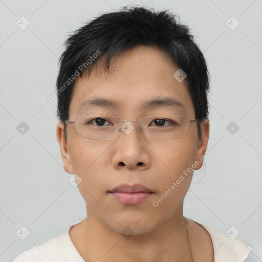 Neutral asian young-adult male with short  brown hair and brown eyes