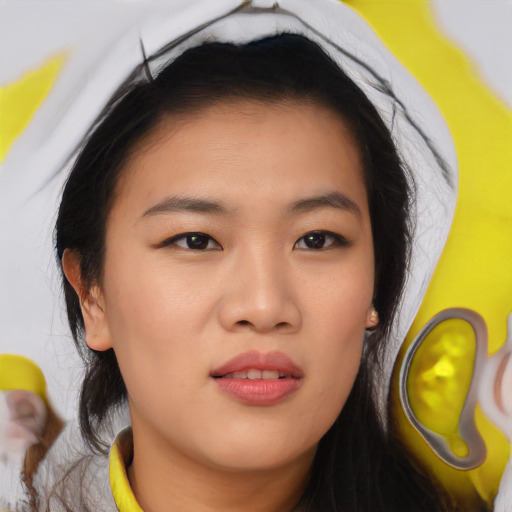 Neutral asian young-adult female with medium  brown hair and brown eyes