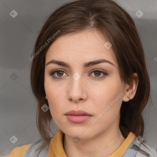 Neutral white young-adult female with medium  brown hair and brown eyes