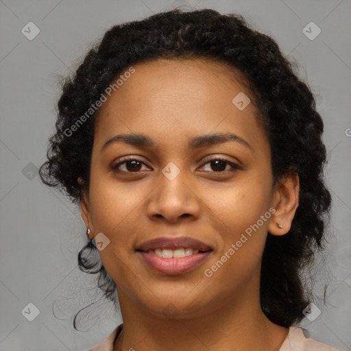 Joyful black young-adult female with medium  black hair and brown eyes